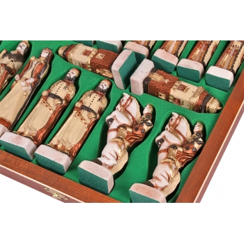 GRUNWALD  (pieces painted stone, intarsia, insert tray, wooden chess case)